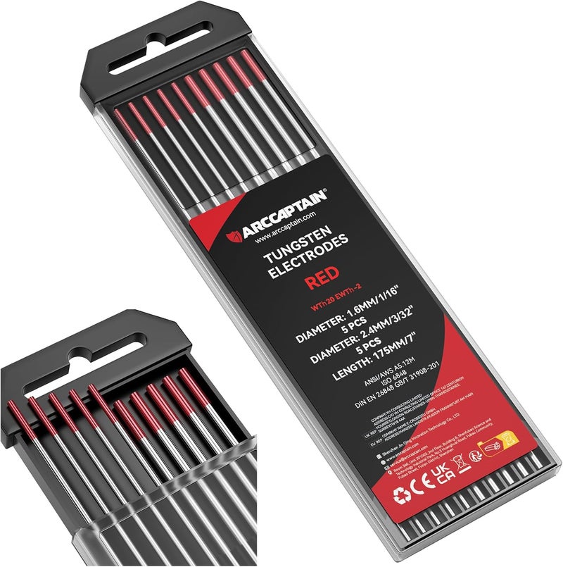 ARCCAPTAIN TIG Tungsten, TIG Welding Tungsten Electrode Red - 5pc 1/16" x 7" & 5pc 3/32" x 7" (WT20/EWth-2) - Image 1